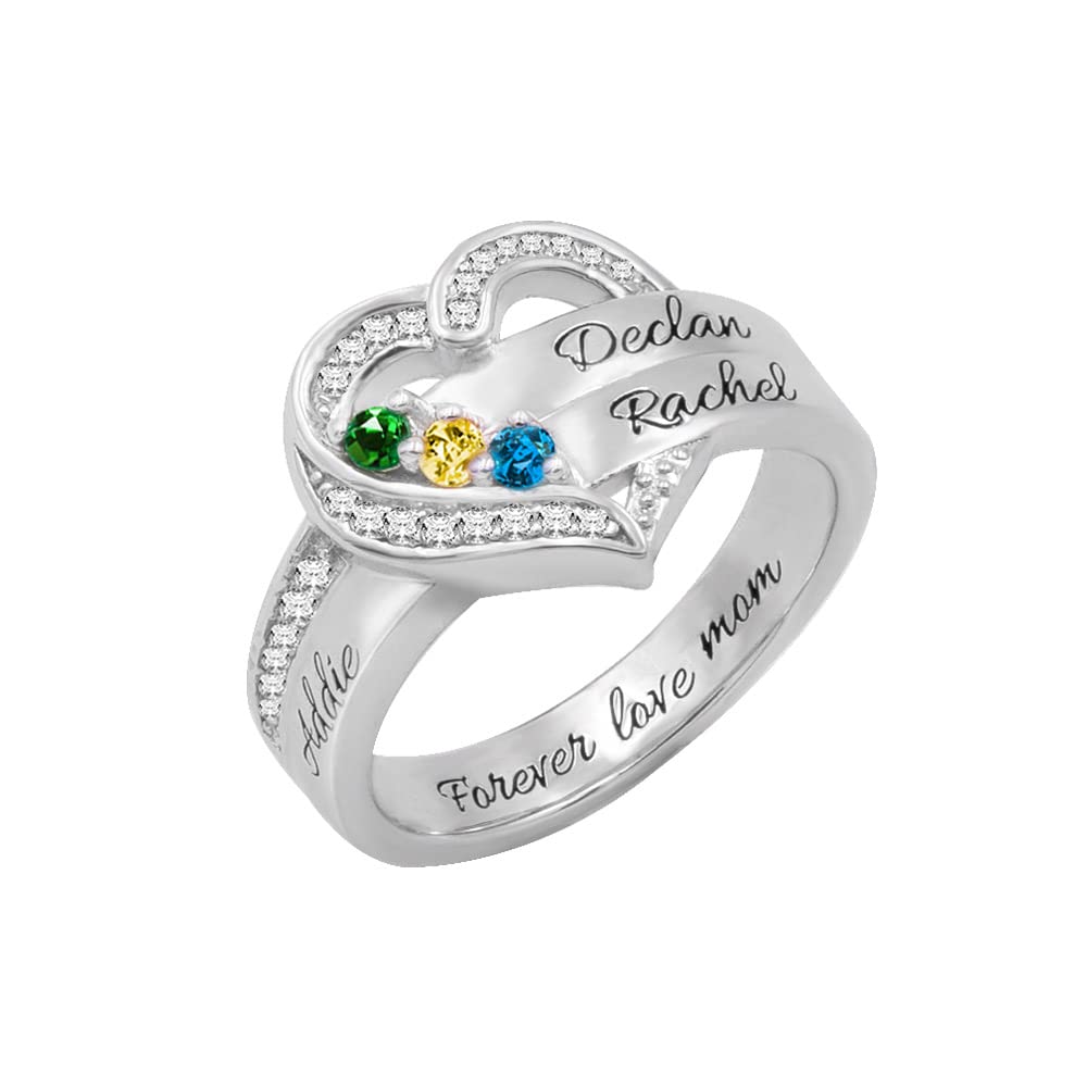BYFDIY Anillo de plata de ley 925 con piedra natal personalizable con 1-8 piedras natales de imitación y nombres grabados, anillo de plata de ley 925 para mujer, anillos de promesa personalizados para
