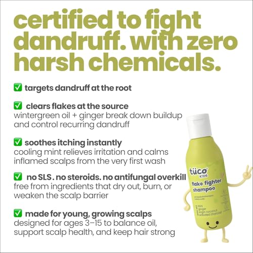 Image of TuCo Kids Anti-Dandruff Shampoo With Wintergreen, Mint & Activated Charcoal | For Itchy Scalp & Rough Hair | Paraben, SLS & Sulphate Free | Reduces dandruff from 1st wash | pH5.5, Vegan & Tear Free | Ages 2-5, 4-10, 10-15 Years | 200ml