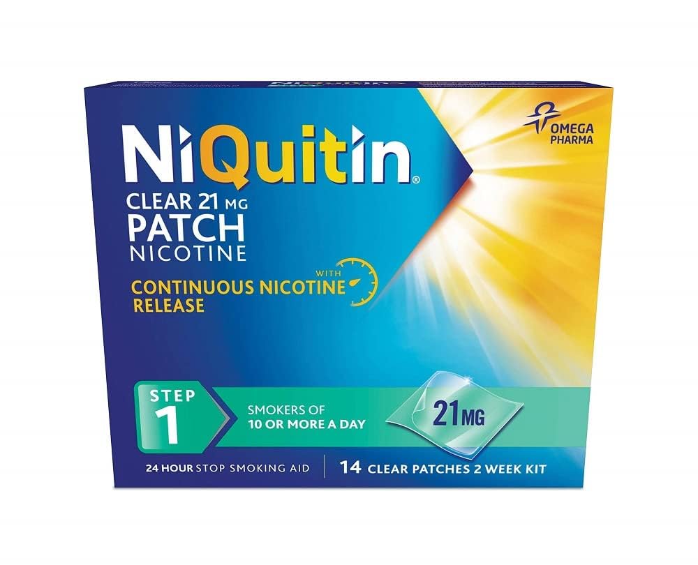 NiQuitin21 mg Nicotine Patch - Step 1 - Stop Smoking Aid Therapy - 14 Clear Patches for 2 Weeks Treatment - 24h Craving Control - Invisible Nicotine Patches, White, 14 Count (Pack of 1)