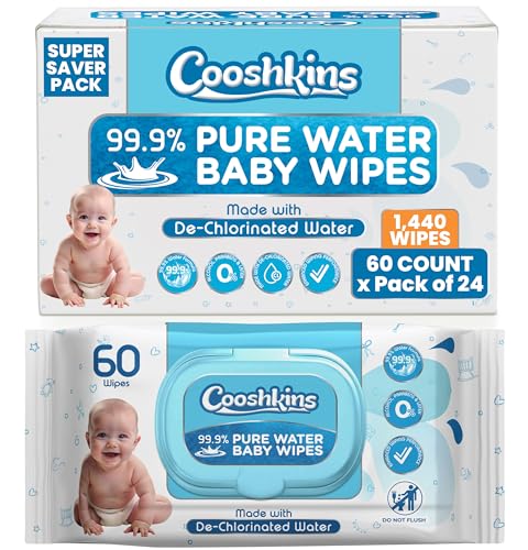 De-Chlorinated Pure Water Baby Wipes | Gentle Unscented Wipes for Sensitive Skin | 99.9% Pure Water Based | Alcohol-Free, Paraben-Free | Soft &amp; Thick (60 Count (Pack of 24))