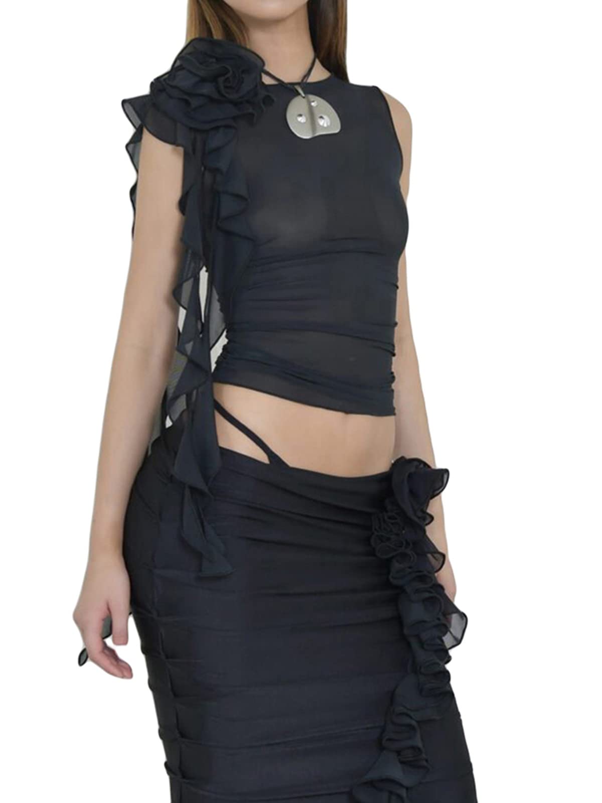 SunloudyWomen 3D Floral Ruffle Tassels Tank Sleeveless Mesh See Through Crop Vests Top Slim Fit Halter Tube Shirt OOTD Top