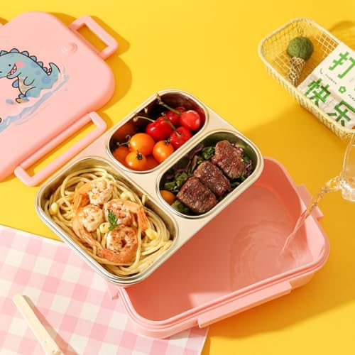 Image of QLECT Printed Dino Party Stainless Steel Lunch Box for Kids Adults, Insulation Keeps Food Warm,Food Grade Bpa Free,3 Compartments with Locking Lid & Steam Valve,Spill Leak Proof|1000Ml Pink