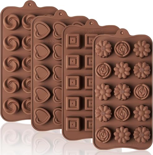 Image of 4 Pcs Silicone Chocolate Molds, Non-Stick Candy Molds for Making Bite Size Chocolates, Candies, Truffles, Gummies, Jelly (Heart, Sunflower, Rose, Square, Swirl Shaped)