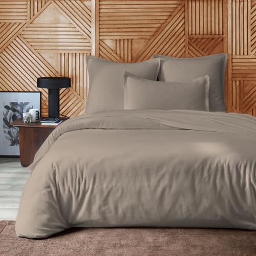 Duquennoy & Lepers - Parure Housse de Couette 2 Personnes en Flanelle 100% Coton - Housse de Couette 260x240 cm avec Rabat et 2 Taies d'oreiller 63X63 cm - Uni Taupe