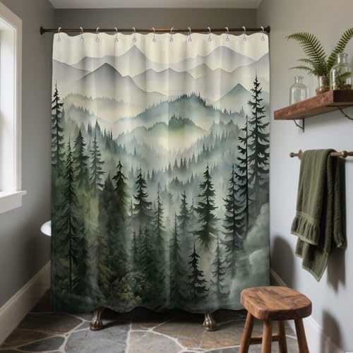 QGHOT Mountain Shower Curtain Green Forest Nature Shower Curtains for Bathroom Rustic Woodland Pine Tree Landscape Bath Decor Sets, Waterproof Polyester Fabric with Hooks, 70x72in