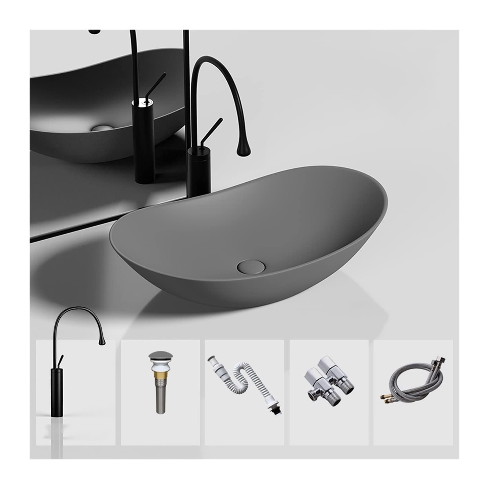 Hpthly Grey Bathroom Sink Oval Sink Ceramic Bathroom Sink, 20.4"X12.5" Overmount Ceramic Sink With Black Faucet And Pop-Up Drain Combo Vessel Sinks (Gray)