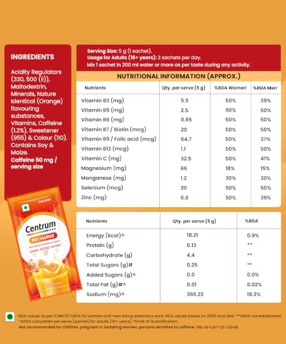 Buy Centrum Recharge: Tasty Orange Flavoured Powder Drink Mix | No Added Sugar| Instant Energy & Hydration | 13 Vitamins & Minerals | Boosts Immunity | Vitamin B, C, Zinc, Magnesium | Pack of 36 sachets Online at Low Prices in India - Amazon.in - Image 3