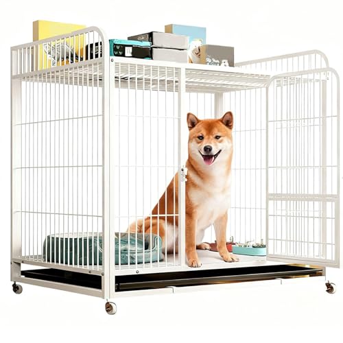 Uevmo 犬のケージ 屋根付き ペットケージ 犬 サークル 錆防止 キャスター付き ペットサークル 引き出し式トレイ付き 多機能 組立簡単 掃除簡単 小型 中型 大型犬用 脱出防止 ペット用品 室内外兼用 (ホワイト,125×95×125cm)