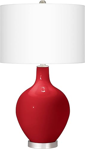 Miniatura 2 de Color + Plus Lámpara de mesa moderna de 28.5 pulgadas de alto, cinta de vidrio rojo OVO blanco, pantalla de tambor de lino para sala de estar,