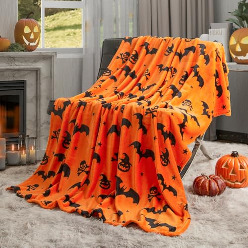Ghost Halloween Blanket 50” x 70” Reversible Pumpkin Print Fleece Throw Blanket, 320 GSM Surper Soft Warm Cozy Fall Blanket for Couch Sofa Bed, Halloween Harvest Gifts and Home Decor