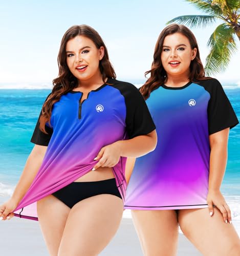 Image of AOBUTE Women Plus Size Rash Guard Zipper Short Sleeve SPF Swim Shirts