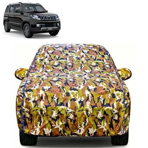 Image of Waterproof Car Body Cover for Mahindra TUV300 with Mirror Pocket| Cotton Inner Lining | Triple Stitched | All Weather Protection | Dust, UV & Rain Proof (Camouflage with Blue Piping)