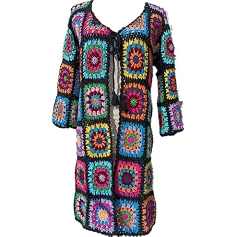tinacrochetstudio Granny Square Long Crochet Cardigan Open Front Sweater Tie Front Coat Top for Women Lightweight Plus Size (Bright Colors, One Size) Cover