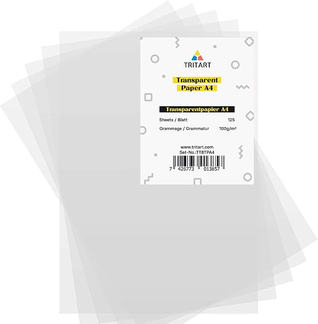 TRITART A4 Tracing Paper Sheets 100g/qm - 125 Printable Technical Drawing Paper Sheets for Ink, Pencil and Markers - Translucent Paper