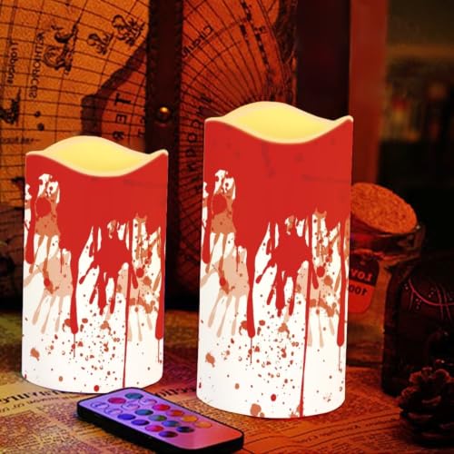 Image of Blood Splatter Flameless Candles Set of 4 with Remote Control | Halloween LED Flameless Candle Set with Timer, Battery Operated Fake Candles for Kitchen Room Home Decor