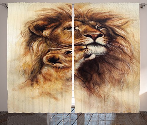Ambesonne Savannah Curtains, Sketchy Painting of Loving Lion and Her Cub Snuggle Wildlife Nature Theme, Living Room Bedroom Window Drapes 2 Panel Set, 108" X 84", Caramel Beige Ambesonne Savannah Curtains, Sketchy Painting of Loving Lion and Her Cub Snuggle Wildlife Nature Theme, Living Room Bedroom Window Drapes 2 Panel Set, 108" X 84", Caramel Beige