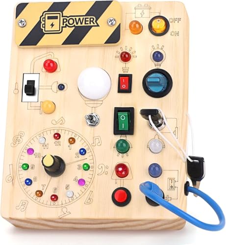 Jhania Busy Board Montessori Wooden Sensory Toy for Toddlers with LED Light Up Switches Travel Activity Board for Autism & ADHD Educational Christmas & Birthday Gift for Kids