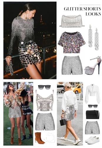 Zando Elastic High Waist Sequins Shorts for Women Solid Glitter Straight Leg Hot Bottom for New Year Disco Party Club Concert4