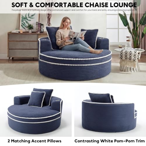 Image of Oversized Round Chair Lounge Chaise Indoor, 54.3 inch Upholstered Corduroy Deep Seat Single Cloud Sofa Chair with Cup Holder, Modern Large Circle Boneless Sleeper Sofa for Living Room, Blue