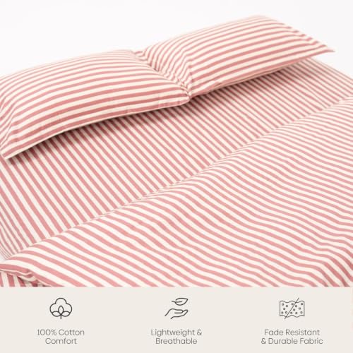 Image of Haus & Kinder Double Bed Bedsheet 90 x 100 | 186 TC Pure Cotton Bed Sheet Double Bed with 2 Pillow Covers | Queen Size Bed Sheet | Akatsuchi Stripe Red Earth