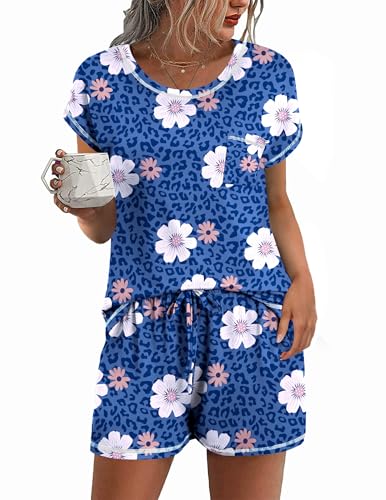 Image of Ekouaer Womens Pajama Sets 2 Piece Soft Short Sleeve Top and Shorts Sleepwear Round Neck Pjs Lounge Set with Pockets
