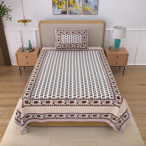 Image of 100% Cotton Single Bedsheet with 1 Pillow Cover | 240 TC Pure Cotton Flat Bed Sheet | Traditional Jaipuri Printed Bedding Set | Soft & Breathable | 60 x 90 Inch (Rangmahal Single 33)