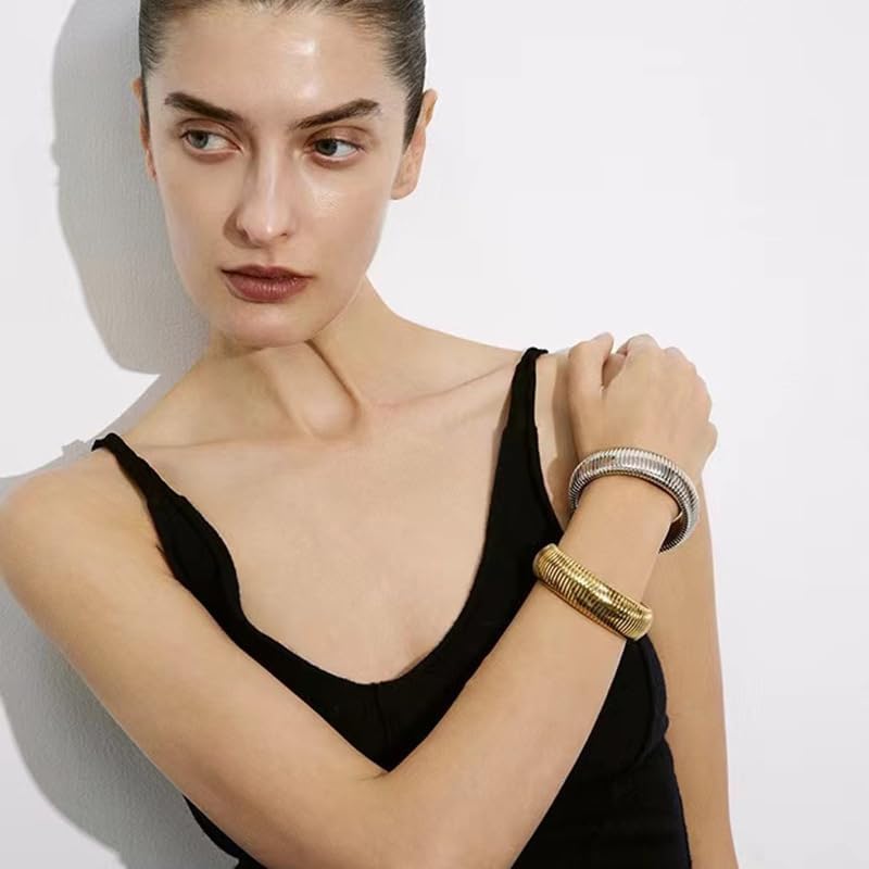 OIDIMS Fashion Bangles for Women Men Chunky Stretch Bracelets Gold Plated Stainless Steel Minimalist Stretchy Snake Link Chain Flexible Wide Wristband Stack Bracelets Designer Unisex Gift - Image 6