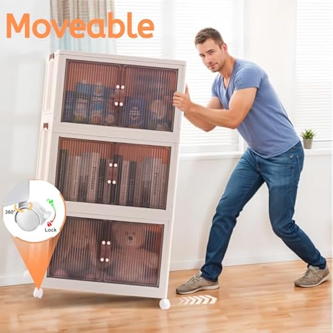 95 QT (285 QT Total) Stackable Storage Bins with Doors ¨C 3 Tier Plastic Cabinet with Doors ¨C Magnetic closure Foldable Storage Bins with Lids & Wheels ¨CCollapsible Organizer with Leather Handles