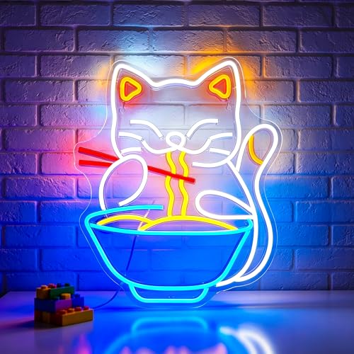Image of Cat Ramen Neon Sign for Wall Decor Led Neon Lights Cat Ramen Light Up Signs for Birthday Party Club Gift