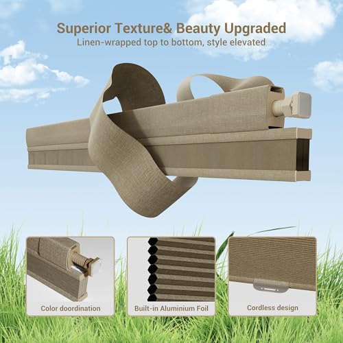 Image of No Drill No Tools Cellular Shades Linen Texture Wrapped Top Down Bottom Up Cordless Honeycomb Blinds Blackout Shades for Bedroom Living Room Windows Blinds, Beige, Custom Size