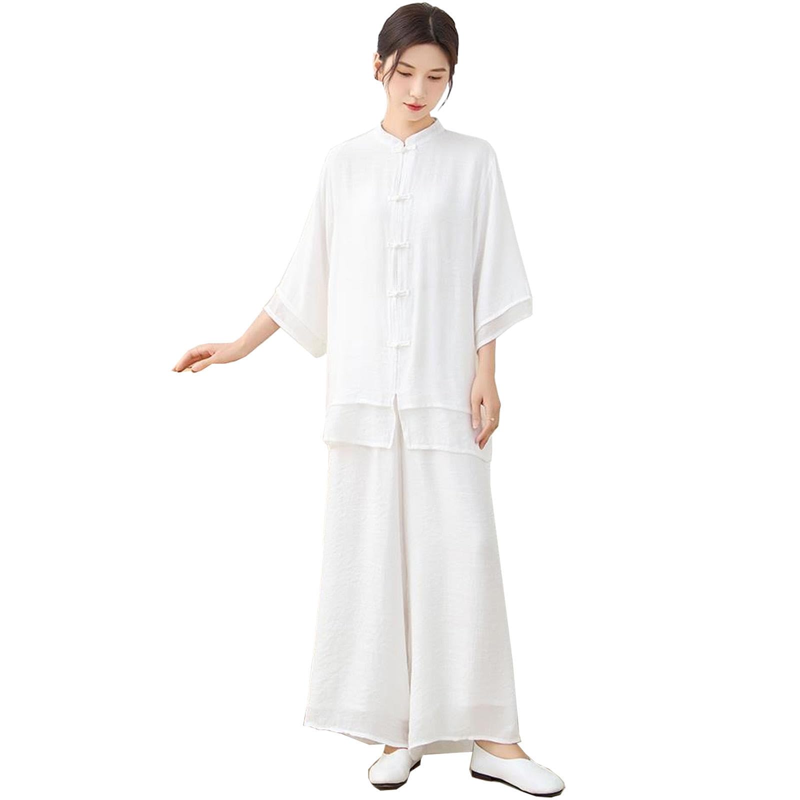 Vêtements de Tai Chi pour Femme en Soie et Lin Uniforme de Kung Fu Style Chinois Méditation Zen Décontracté Manches Trois-Quarts Tenue D'exercices du Matin pour Femme,White-XXL
