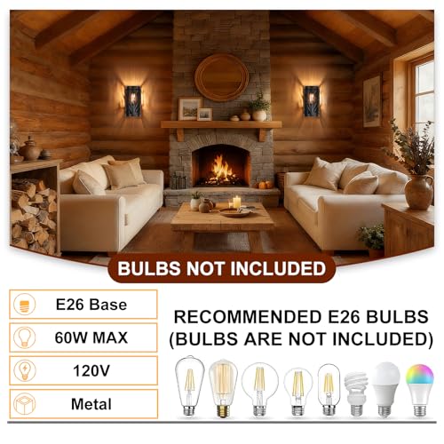 Image of Rustic Wall Sconce Lighting Set of 2, Farmhouse Industrial Tree Branch Metal Wall Lamp Fixtures, Hardwired 1-Light E26 Indoor Living Room Bedroom Hallway Stairway Cabin