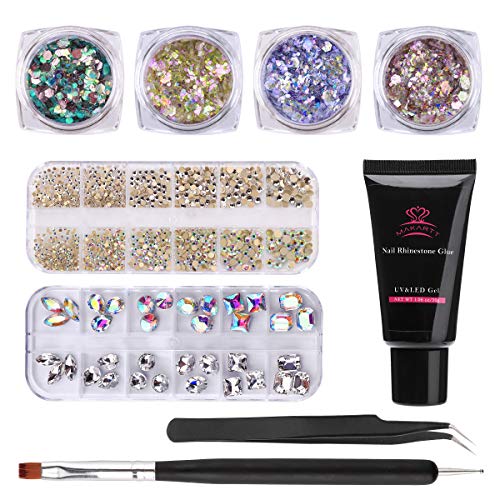 Makartt Nail Art Rhinestone Glue Gel Design Kit Nail Glue Rhinestone UV/LED Gel with Nail Art Gem Stones, 4 Boxes Glitter Sequins, 2 in 1 Nail Brush Rhinestone Picker and a Tweezers Nail DIY