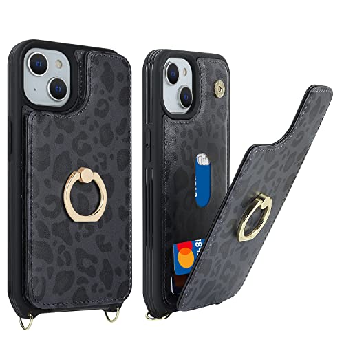 Image of for iPhone 13 Case with Card Holder for Women,Phone Case with Strap,Crossbody Lanyard,RFID Blocking,Ring Stand,Snap Clasp,Cute Wallet Cases for iPhone 13(6.1 inch,Black Leopard)