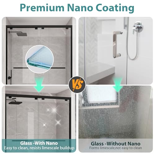 KPUY Glass Shower Door, 44-48" W x 76" H Semi-Frameless Double Sliding Shower Door, 1/4" (6mm) Thick Tempered Clear Glass with Explosion-Proof Film Nano Coating, Matte Black