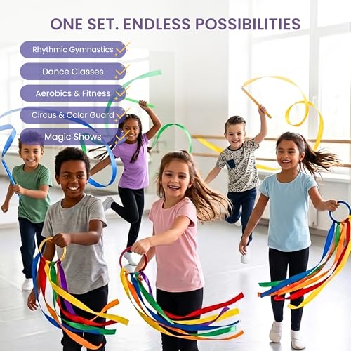 Image of GSi Ribbon Wands & Rings for Kids - Dance Ribbon Streamers with Sparkle Design & Rainbow Ribbons - Perfect for Toddlers, Preschool, Gymnastics, PE, Birthday Parties - Ages 2-12