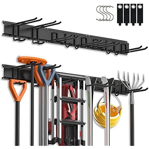 3-H Garage Aufbewahrung,120 cm Einstellbar 10 Wandhalterung Wandhaken und 4 S Haken 4 Aufbewahrungsgurt,Werkzeugregal Wand Werkzeughalter für Garagen Keller Werkstatt Besen Rechen Werkzeug Organizer Cover