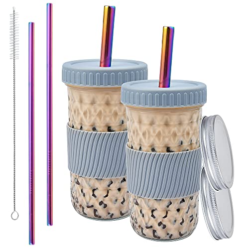 Reusable Boba Cup, 22Oz Bubble Tea Cups Wide Mouth Smoothie Cups With Lid Straws Brush, Leakproof Mason Jars Drinking Bottle Juicing Travel Mug Glass Tumbler For Large Pearl, Coffee (2 Pack) #TOP13