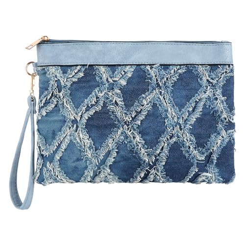 Image of Women Denim Wristlet Clutch Purses Wallet Envelope Handbag PU Leather Quilted Distressed Zipper Satchel