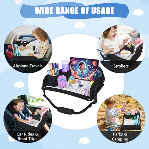 Image of Upgraded Kids Travel Tray for Airplane - Toddler Car Seat Table Tray, Road Trip Essentials for Boys & Girls, Carseat Lap Desk for Kids Road Trip Activities, Black - 2 PCS