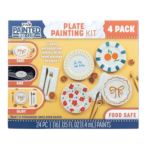 Tulip Painted by Me Ceramic Painting Kit – 4 Paintable Plates, 16 Food Safe Colors & 4 Brushes, Dishwasher Safe, Paint Your Own Ceramics at Home