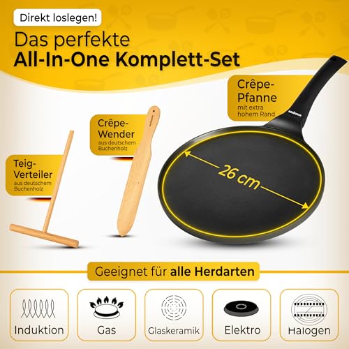 Crepe Pfanne Induktion 26cm mit 3-facher Antihaftbeschichtung inkl. Spatel & Verteiler aus deutschem Buchenholz - Pfannkuchenpfanne für ALLE Herdarten - Flache Crepes Pfanne ohne PFOA + PFOS – Bild 4