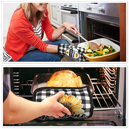 5 Pieces Farmhouse Buffalo Check Dish Towels Pot Holders Oven Mitts Set 2 Buffalo Plaid Kitchen Towels 1 Cooking Mittens Oven Glove 2 Potholders For Cooking Baking Grilling Supply (Sunflower) #TOP5