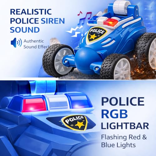 Image of Remote Controled Police Stunt Car Toy, All-Terrain Performance, 360 Rotating Rolling LED Flashing Lights with Police Siren Sound, Anti-Skid Rubber Tires, Grey, C Type Rechargeable 368PO Blue