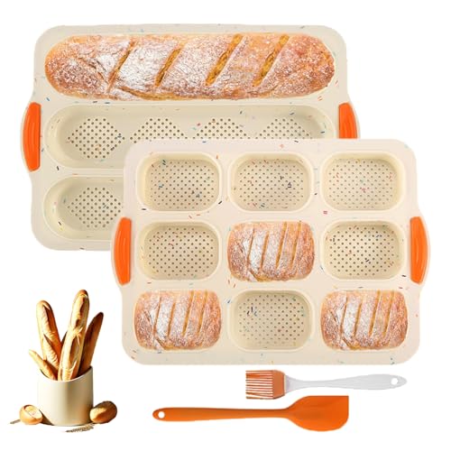 CJQINGRUN Silicone Baguette Bread Pan & Hamburger Bun Pan Set (3+9 Cavity), Nonstick French Bread Baking Mold w/Scraper & Brush, Dishwasher Safe Roll Pan for Hot Dog Buns, Hoagies