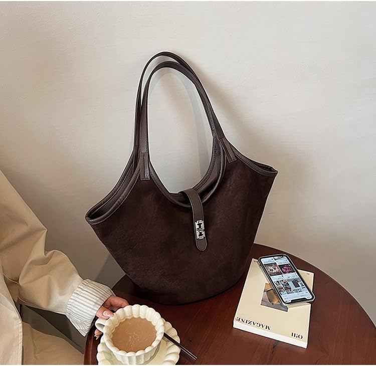 Brown Suede Tote Bag for Women Trendy Hobo Bag Bucket Tote Bag Work Hobo Handbags - Image 4