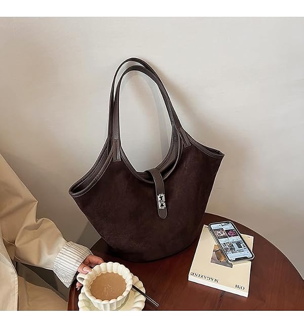 TYATVS Brown Suede Tote Bag for Women Trendy Hobo Bag Bucket Tote Bag Work Hobo Handbags (Burgundy) by TYATVS - Image 4
