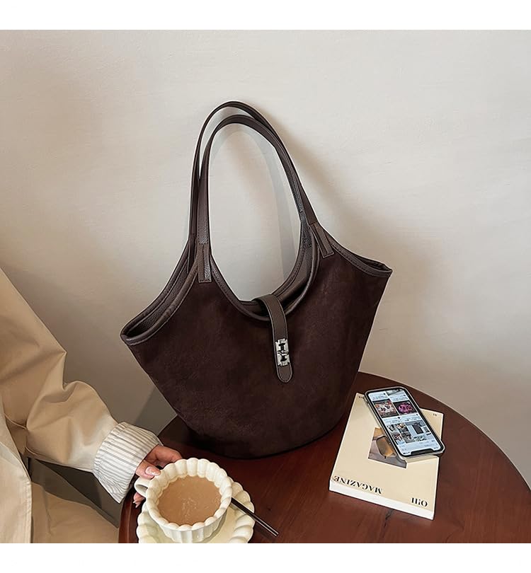 Image of Brown Suede Tote Bag for Women Trendy Hobo Bag Bucket Tote Bag Work Hobo Handbags