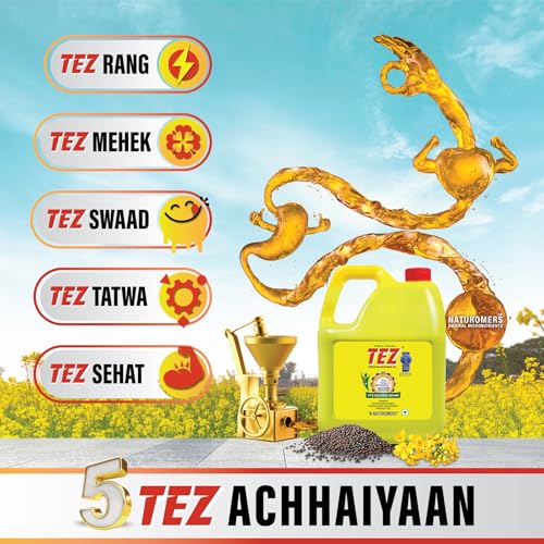 Image of Tez Mustard Oil for Cooking 2L | PT3 Kachchi Ghani Sarson Ka Tel | 100% Pure & Natural Oil | Promotes Gut Health with Antibacterial & Antifungal Benefits | Supports Good Health