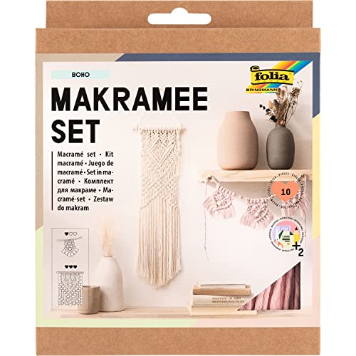 folia 23719 - Juego de macramé Boho 10 Piezas, Hilo (Beige Natural), Hilo (Rosa), Palo de Madera, Perlas de Madera, 100% algodón, con Instrucciones (Idioma español no garantizado)